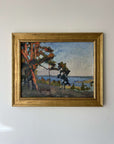 Framed, vintage oil painting of a landscape with trees and a body of water, available at Hue.