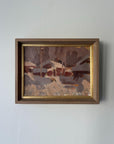 Framed vintage semi-abstract oi painting of snow covered houses. Available at Hue.