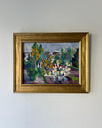 Framed vintage oil painting of a landscape with trees, shrubs and blossom flowers. Available at Hue.