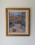 Framed vintage oil painting of a landscape with houses. Available at Hue.