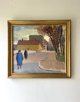 Framed vintage oil painting of a landscape with figures and buildings in a vintage gilt frame, available at Hue.