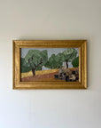 Framed vintage oil painting of a rural olive grove landscape. Available at Hue.