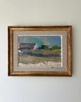 Framed vintage oil painting of a landscape with a farmhouse in a gilt vintage frame, available at hue.