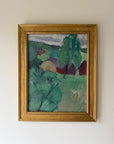 Framed vinatge oil painting of a landscape with greenery and barns. Available at Hue.
