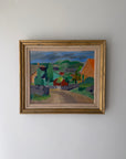 Framed vinatge oil painting of a landscape with houses and trees. Available at Hue.