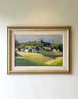 Framed oil painting of a landscape scene with rolling hills and a windmill, available from hue