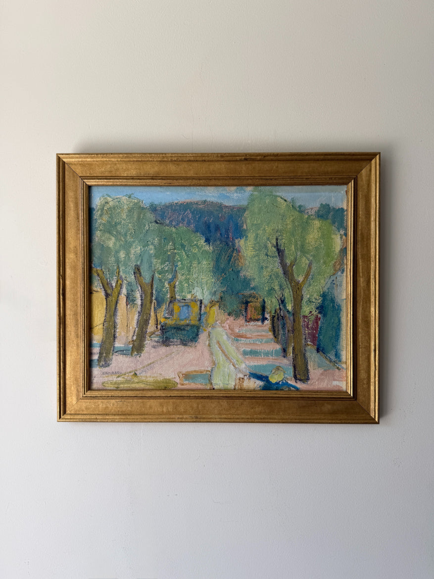 TREE-LINED STREET - Vintage, Swedish oil painting bySigge Jernmark