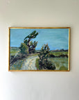 Framed vintage oil painting of a landscape with trees and a path in a slim gilt frame, available at Hue.