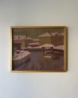 Framed vintage oil painting of a snowy Nordic harbour scene. Available at Hue.