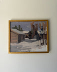 Framed vintage oil painting of Scandinavian farm cottages in the snow. Available at Hue.