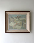 Framed vintage painting of a muted townscape, available at Hue.