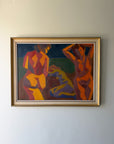 Framed vintage oil painting of three nude figures in rust colours. Available at Hue.