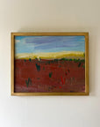 Framed vintage oil painting of a landscape with a red foreground and blue sky, available at Hue
