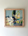 Framed vintage abstract painting of a coastal scene with geometric shapes, available at hue.