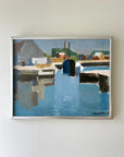 Framed vintage oil painting of a harbour scene with boats, available at Hue