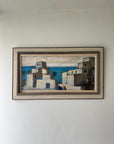 Framed vintage oil painting of a coastal scene with whitewashed buildings and the distant sea, available at Hue.