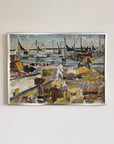 Framed vintage oil painting of a harbour scene with boats, available at Hue