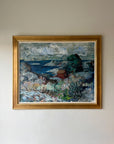 Framed vintage oil painting of a landscape with rocks and a red hut. Available at Hue,