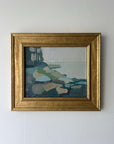 Framed semi-abstract landscape mid-century oil painting of a coastline, available at Hue.