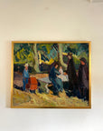 Framed vintage oil painting of a group of figures in an outdoor park setting, available at Hue.