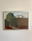 Framed vintage oi painting of a landscape with trees and buildings in a slim silver vintage frame, available a Hue.
