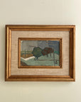 Framed vintage oil painting of a landscape with a vintage wooden frame and linen mount, available at Hue.