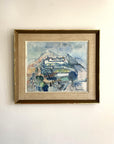Framed vintage oil painting of a landscape with a hilltop village in the distance, available at Hue.