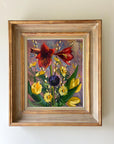 Framed still-life oil painting of amaryllis and pussywillow flowers in a vintage frame, available at Hue