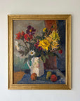 Framed impressionist oil painting on board of a bouquet of flowers with fruit. Still life art, available at Hue.