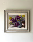 Framed vintage still life painting with purple and yellow tulip flowers and a blue and white vase, available at Hue.