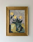 Vintage, framed, impressionist oil painting of yellow roses, flowers in a glass vase, available at Hue.