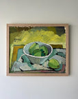 Framed vintage painting of a still life with a bowl of green apples in a solid oak frame, available at Hue.