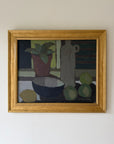 Framed vinatge oil painting of a still life scene with a plant, bowl, fruit and vessel. Available at Hue.