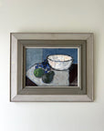 Framed vintage still life oil painting with a bowl and fruits on a table, available at Hue.