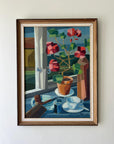 Framed vintage oil painting of a still life scene with flowers and a pipe on a table, available at Hue.