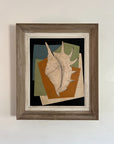 Framed oil artwork with a large shell on a geometric background. Available at Hue.