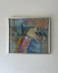 Framed vintage oil painting of a tabletop still life in muted pastel tones. Available at Hue.
