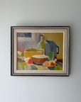 Framed vintage oil still life painting with a blug jug, vessels and fruit. Available at Hue.