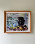 Framed vintage still life painting with a dark vase on a light abstract background, available at Hue.
