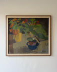 Framed vintage oil painting of a still life with plants in a pot and jug. Available at Hue.