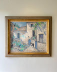 Framed vintage oil painting of a village street scene with buildings and a mule, available at Hue.