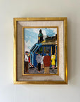 Framed vintage oil painting of a city tram with people, available at Hue.