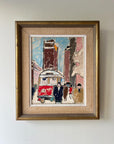 Framed vintage oil painting of a street scene with a tram, tall buildings and pedestrians, available at Hue.