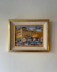 Framed vintage oil painting of a city tram with people. Available at Hue.