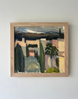 Framed square abstract painting of landscape scene in greens and pinks framed in oak available from hue