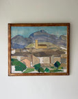Framed painting of a mountainous landscape with buildings in a cubist style available from hue
