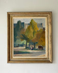 Framed, vintage oil painting of a park scene with autumn trees and people available from hue