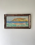 Framed abstract painting of landscape scene in blues and greens. available from hue.