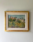 Framed painting of a landscape of capri, italy with trees and buildings on a white wall, available from hue