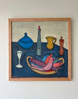 A vintage oil painting of still life objects on a blue table. Flat shapes in post-cubist, mid-century style, available at Hue.